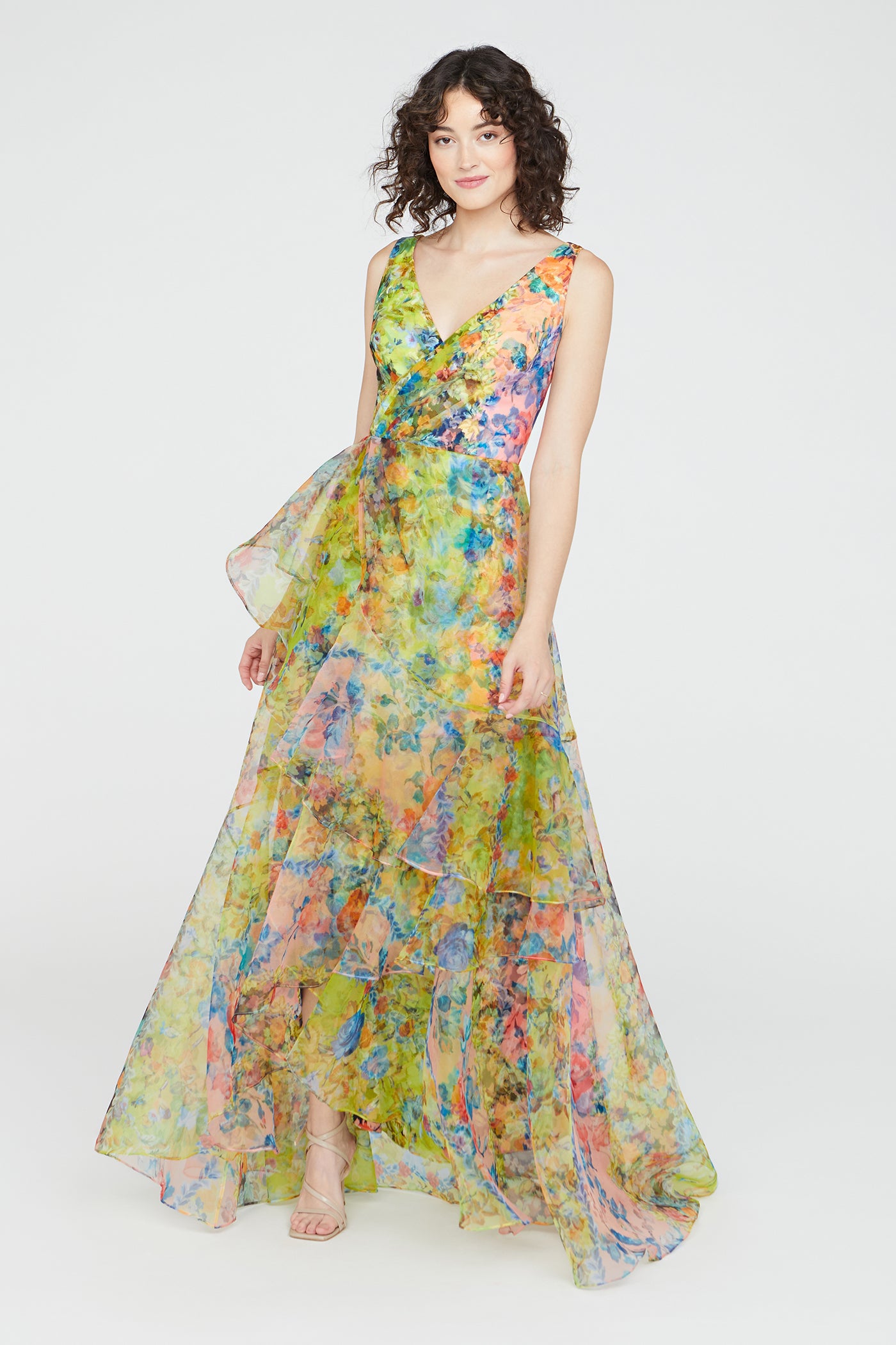organza printed dress One-shoulder silk organza floral print dress