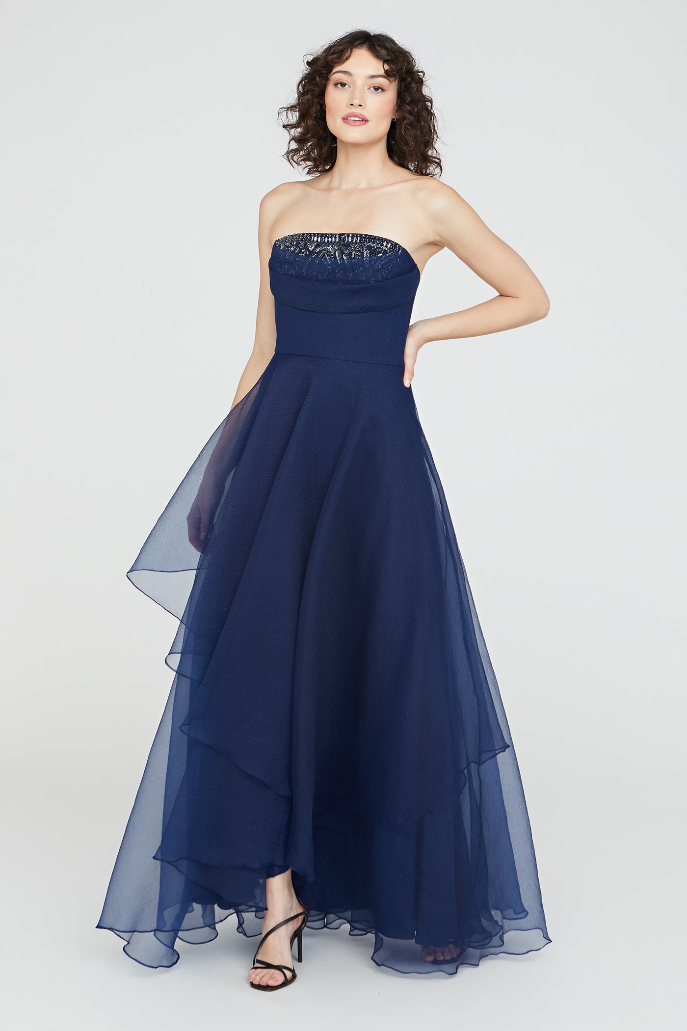 Theia Women's Aubrey Beaded Organza Strapless Gown - Navy
