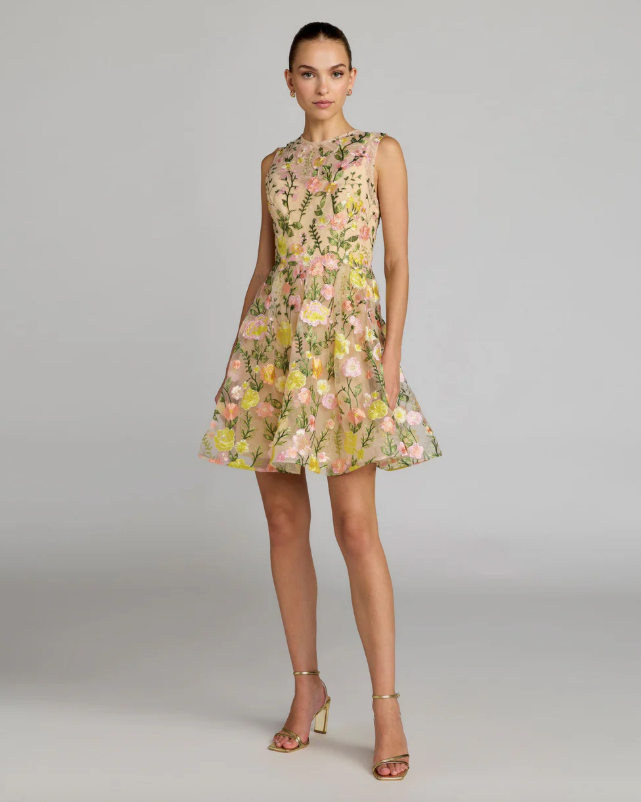 Sleeveless Embroidered Lace High Neck Mini Dress in Yellow Multi Shop the Holiday Sleeveless Embroidered Lace High Neck Mini Dress in Yellow Multi Shop the Holiday