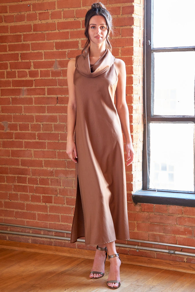 tan holiday dress Long Cowl Sueded Back Satin in – Shop the bestselling-gift2