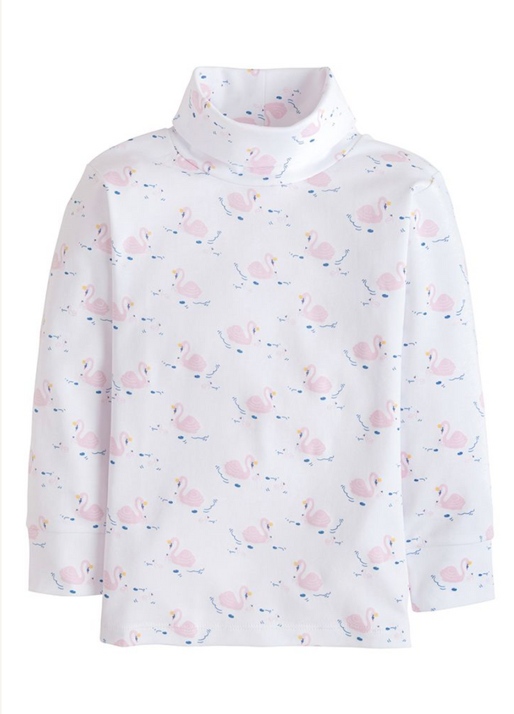 white turtleneck with printed pink Swans
